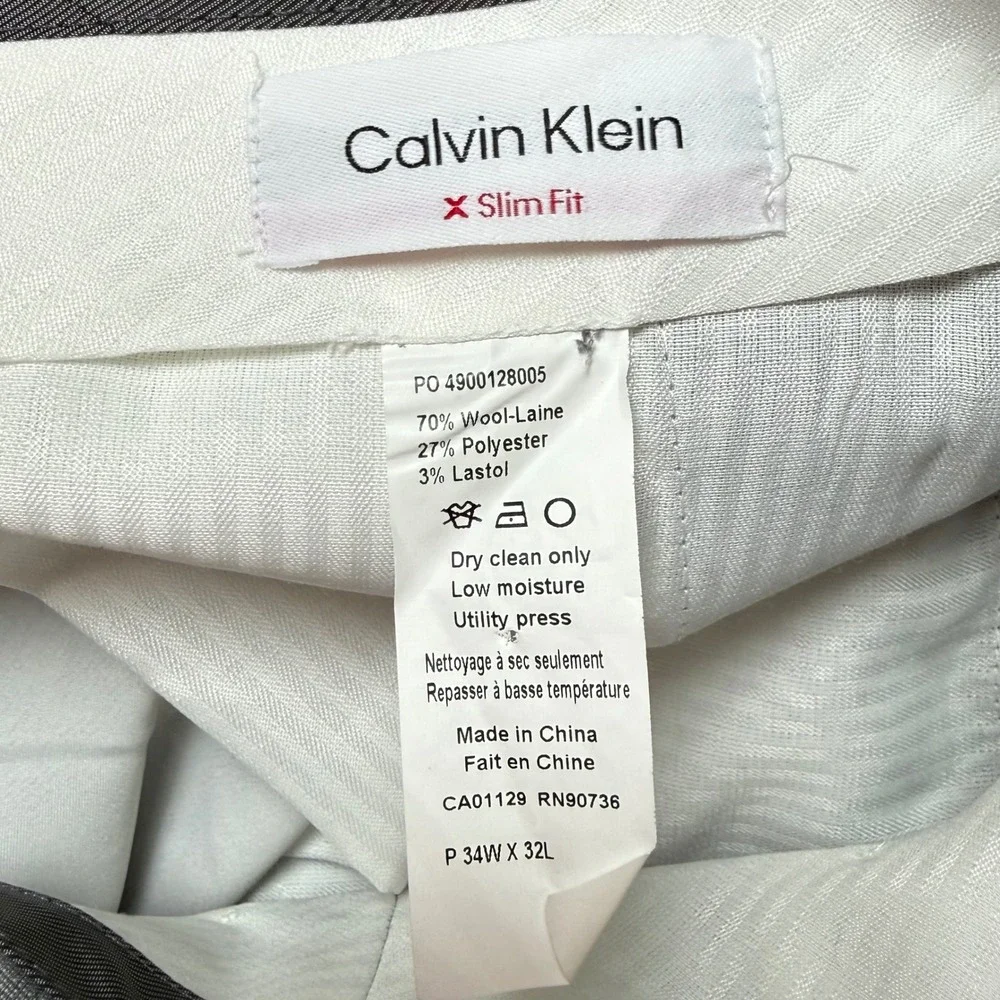 NEW Calvin Klein Mens 34x32 Grey Plaid X Slim Fit Wool Blend Dress Pants